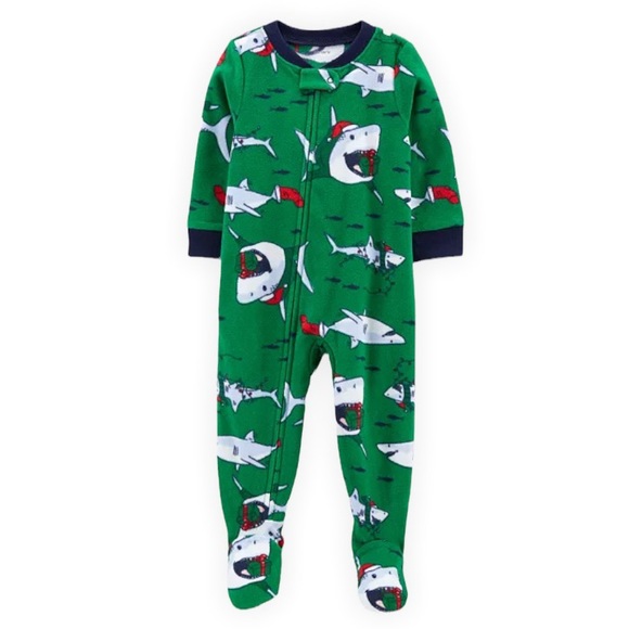 Carter's Other - CARTER’S 1-Piece Green Christmas Shark Santa Holiday Fleece Footie PJs 12M